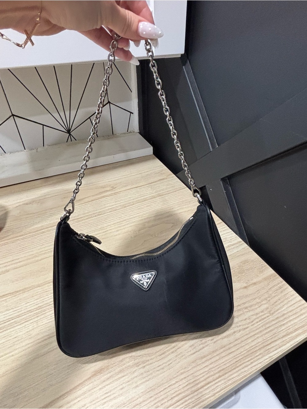 Prada Black Nylon Shoulder Bag with Silver Chain